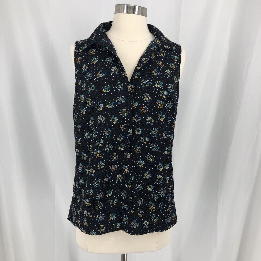 Cabi Womens Black Floral Polka Dot Sleeveless Button Down Blouse Top XS